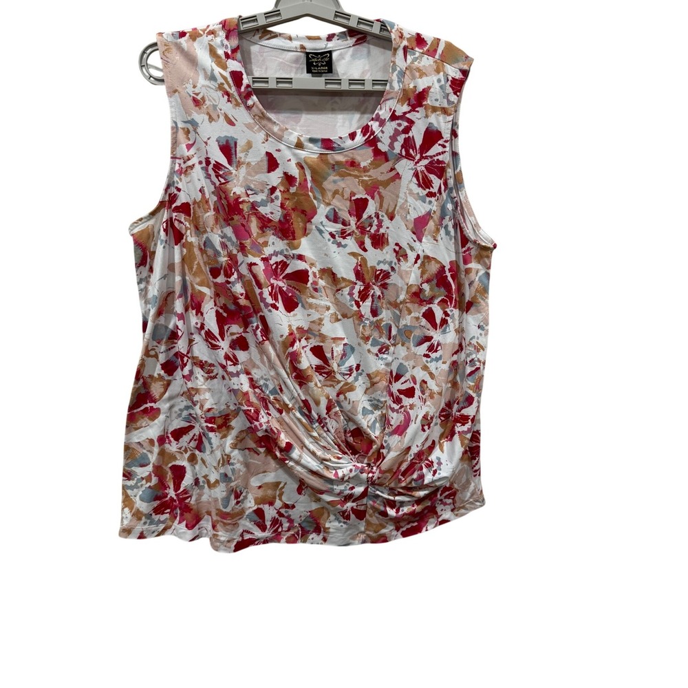 Laila Ali Womens XL Sleeveless Twist Front Abstract Floral Knit Tank Top Red Tan